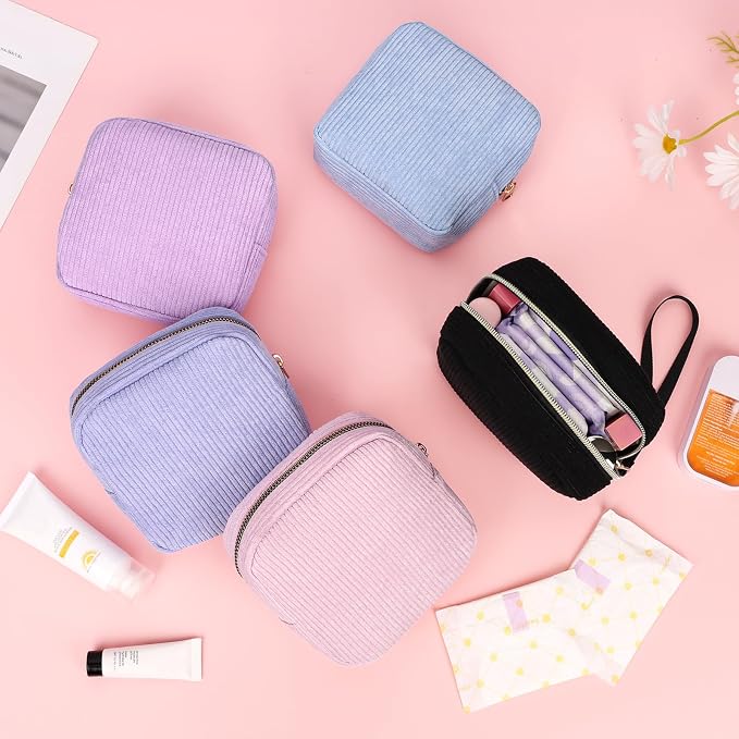 Corduroy Period Pouch with Strawberry Charm Small Discreet Sanitary Napkin Storage Bag Cute Menstrual Pad Pouch Tampon Bag for Purse Zipper Makeup Bags for Women Blue