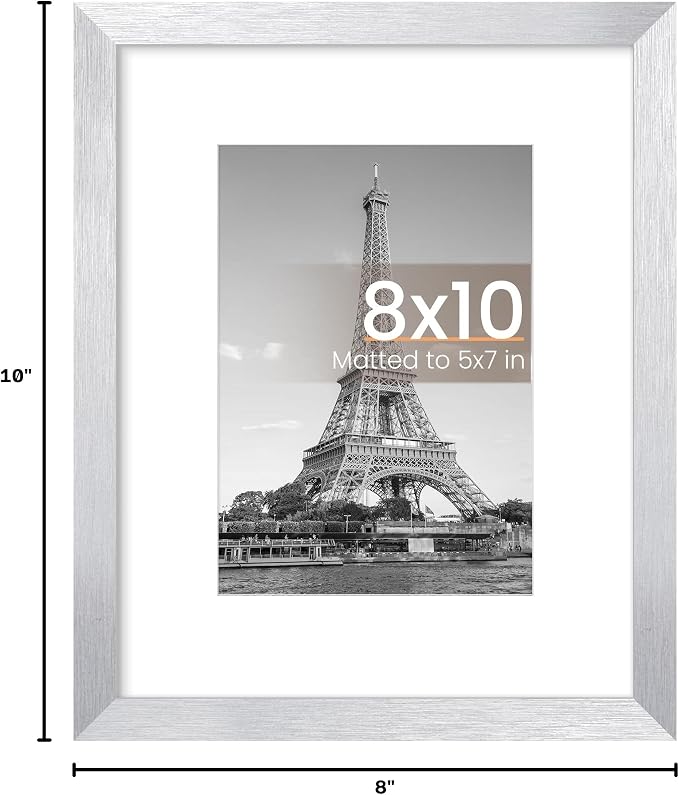 upsimples 8x10 Picture Frame, Display Pictures 5x7 with Mat or 8 x 10 Without, Wall Hanging Photo Frames, Silver, 1 Pack