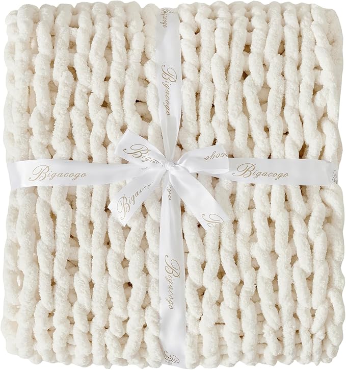 Bigacogo Chunky Knit Throw Blanket for Couch, 40x40 inches, Vintage White | Hand Knit with Jumbo Chenille, Soft Breathable Cable Knit for Sofa Bed Living Room, Machine Washable, Gift for Mom Friend