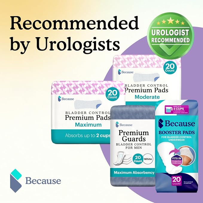 Because Incontinence Pads for Women - Extra Heavy Absorbency, Overnight Postpartum Incontinence Liners, 12hr Nighttime Leak-Free Protection, 20 Count