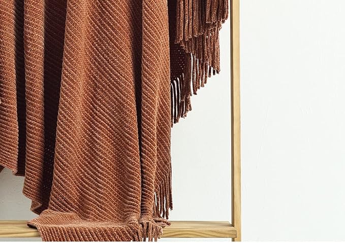 CREVENT Farmhouse Rust Chenille Throw Blanket for Couch Sofa Chair Bed Home Decoration, Soft Warm Cozy Knit Blanket for Spring (50''X60'' Caramel / Brown / Burnt Orange)