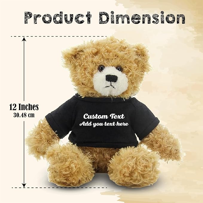 Customized Beige Brandon Bear - 12 inch Personalized Stuffed Bear Plush Toy - Perfect Custom Shirt Bear Gift for Graduation Valentines Graduation Easter Holidays (Black Shirt)