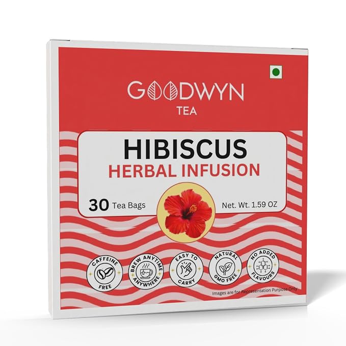 Goodwyn Hibiscus Herbal Infusion Tea (30 Tea Bags) | 100% Pure Hibiscus Flowers | Naturally Caffeine Free | Plastic Free Tea Bags | Tart & Refreshing Ruby Red Tisane | No Added Flavors | Perfect Hot or Iced | Premium Herbal Tea for Daily Enjoyment