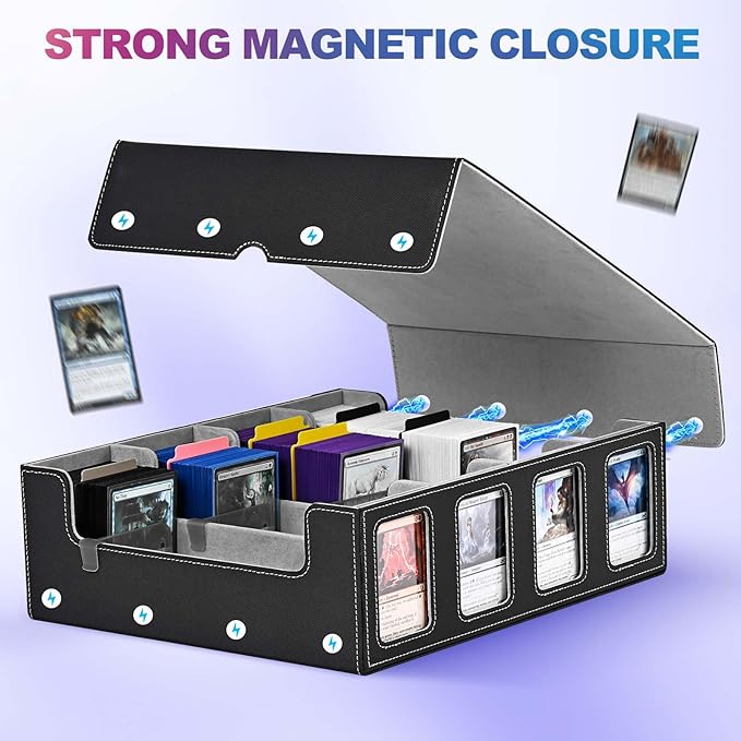 UAONO Trading Card Storage Box with Commander Display; 2400+ Deck Box for MTG with Removable Cover; Top Loaders Card Case fits Magic TCG PTCG Sports Cards; 24 Dividers, 4 Stoppers (Black, Grey)
