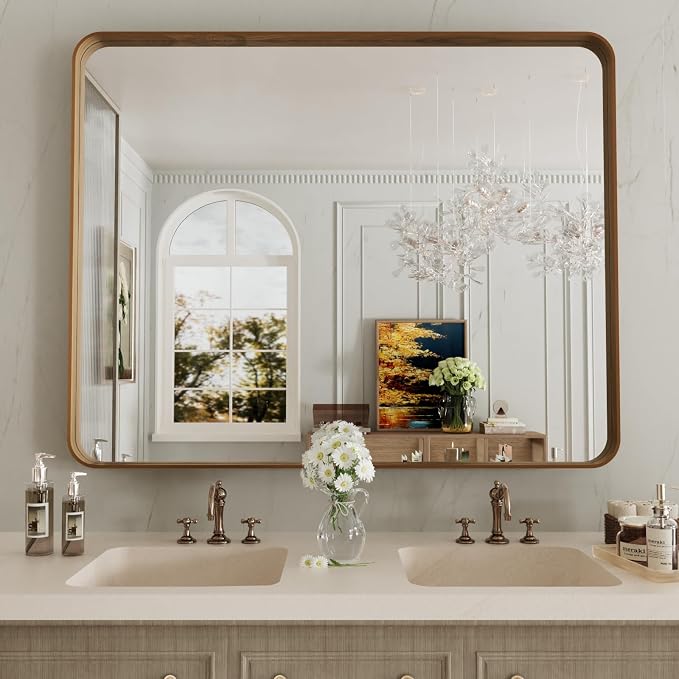 LOAAO 40X32 Inch Bathroom Mirror with Wood Grain Colored Metal Frame | Rounded Rectangle Metal Framed, Anti-Rust, Hangs Horizontally or Vertically, Tempered Glass