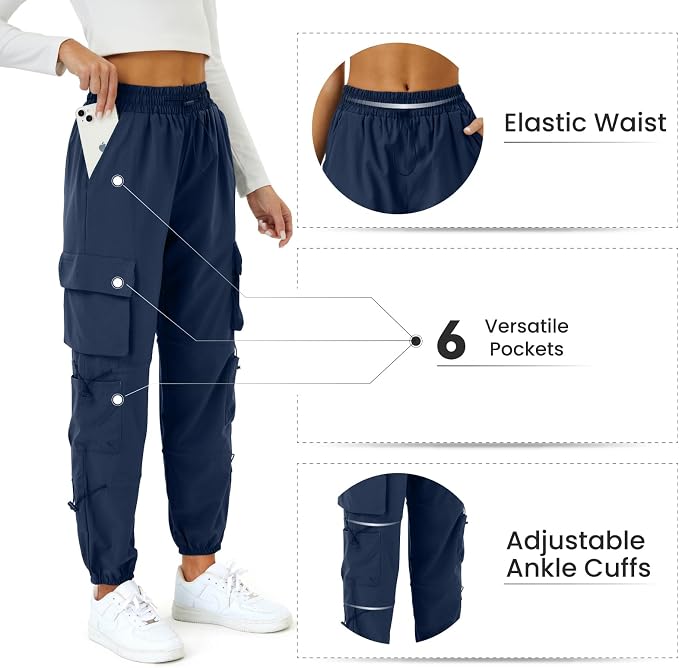 COPYLEAF Womens Parachute Cargo Pants with Pockets Quick Dry Hiking Pants Lightweight Water-Resistant Baggy Joggers