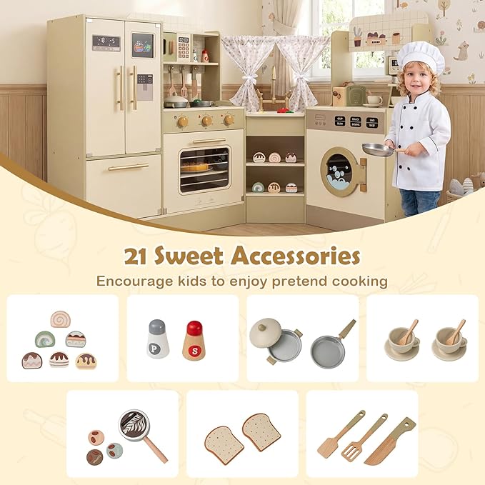 Costzon Kids Corner Play Kitchen, Pretend Play Kitchen Playset w/Stoves, Coffee Machine, Refrigerator, Microwave, Toaster & Accessories, Wooden Toy Kitchen Set for Boys Girls 3+