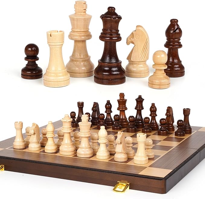 15-Inch Magnetic Wooden Chess Set – Foldable Wooden Chess Board with Magnetic Pieces, Portable Travel Chess Sets for Adults, Classic Board Game with Secure Storage Box