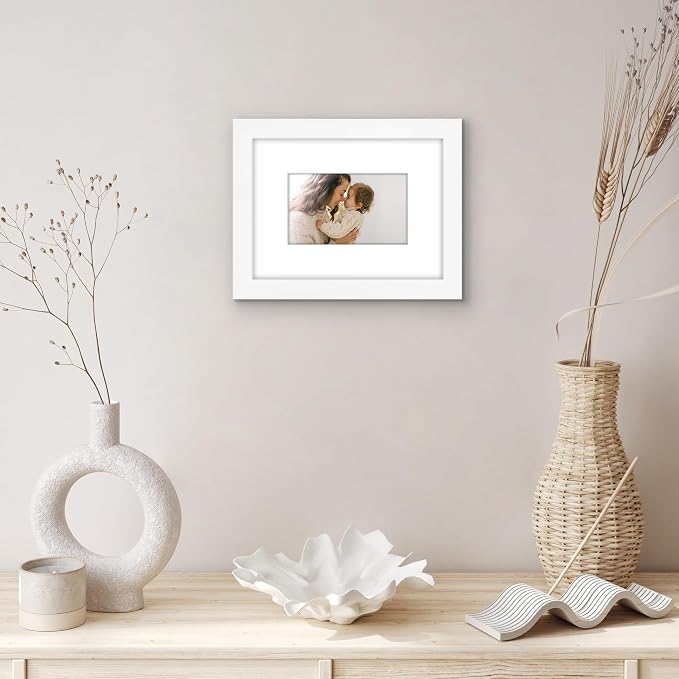 Americanflat 6x8 Picture Frame - Matted to 3x5 - Engineered Wood - White | Shatter-resistant glass, wall or tabletop display with included easel, sawtooth hangers included, use with or without mat