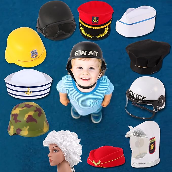 12PCS Pretend Career Hats, Dress Up Role Play Hats, Wigs, Helmets for Kids, Halloween Costume Role Play Dressup Set Police, Builder, SWAT, Army, Soldier, Lawyer, Astronaut, Captain, Chef, Nurse etc.