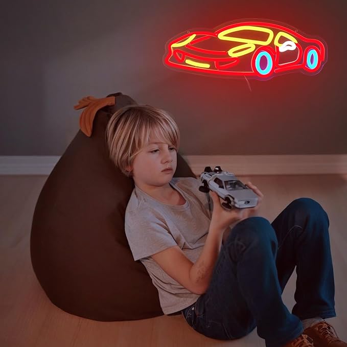 Racing Toy Neon Sign Kids Toy Car Themed Neon Light Dimable Led Car Sign Brighten Your Child's Playroom Game Room Car Room With This Glowing Racing Car Decor Birthday Party Gifts(16.5 * 6.1in)