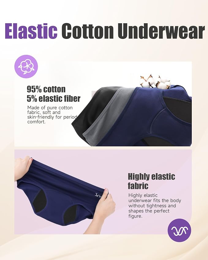 TANSTC Period Underwear for Women Heavy Flow | Leakproof Menstrual Panties Postpartum, Cotton Soft Breathable Briefs 3 Pack