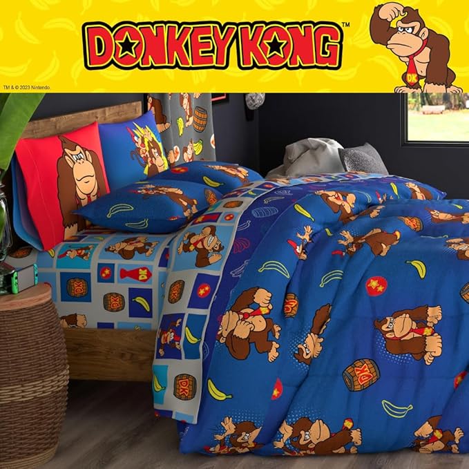 Collectibles Nintendo Donkey Kong Gaming Bedding 7 Piece Super Soft Reversible Comforter and Sheet Set with Sham, Queen, (Officially Licensed Product) By Franco