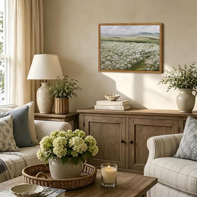 Framed Vintage Landscape Wall Art, Country Wildflower Field Pictures Wall Decor, Rustic Nature Flower Paintings Canvas Prints Farmhouse Home Decor for Living Room Bedroom Bathroom 12x16 inch