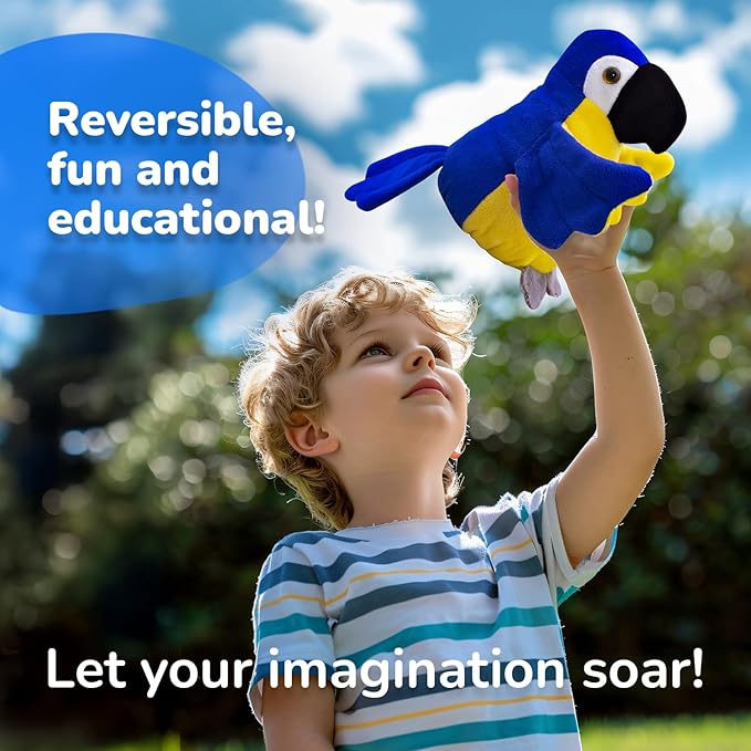 Blue Macaw (Parrot) - Reversible Stuffed Animal, Small Plushies - Soft & Cuddly Plushie - Sensory Toy, Eco Friendly, Educational - Egg to Blue Macaw - kids Pushies – Coloring TAG - Gift for All Ages