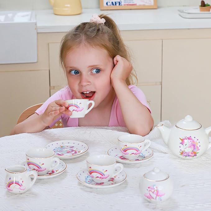 TUZT Porcelain Tea Party Set for Little Girls Kids Toddlers, 13Pcs Unicorn Tea Set - Teapot & Cup & Saucer & Suitcase,Pretend Play Toys Kitchen Set - Christmas Birthday Gift for Girls