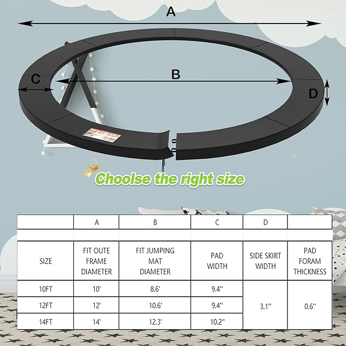 Trampoline Pad, 10FT 12FT 14FT Trampoline Replacement Safety Pad, Universal Trampoline Pads, Spring Cover, Waterproof, Tear Resistant, Round Arch Trampoline Parts for Kids