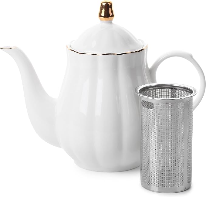 BTaT- Classic tea set, 13 pcs, Tea Cups (7oz), Tea Pot with Stainless Steel Infuser (32oz), Creamer and Sugar Set, Porcelain Tea Set, White Tea Set, Tea Pot Sets with Cups