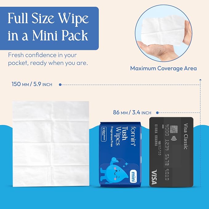 Fomin Compact Travel Flushable Wipes 8 Pack (64 Wipes Total) - Unscented Travel Size Wet Wipes for Adults - pH Balanced, Biodegradable, Plant-Based - Hypoallergenic Tush Wipes for Women & Men