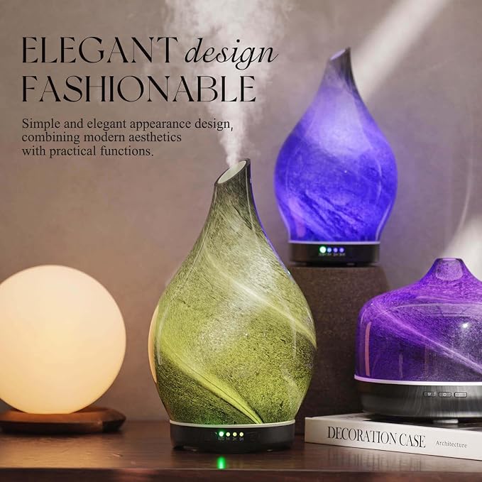 Porseme 280ml Essential Oil Diffuser Glass Color Changing Aroma Air Diffusers Aromatherapy Ultrasonic Cool Mist Humidifier with Remote Control 7 Running Hours Waterless Auto-Off (Obsidian)