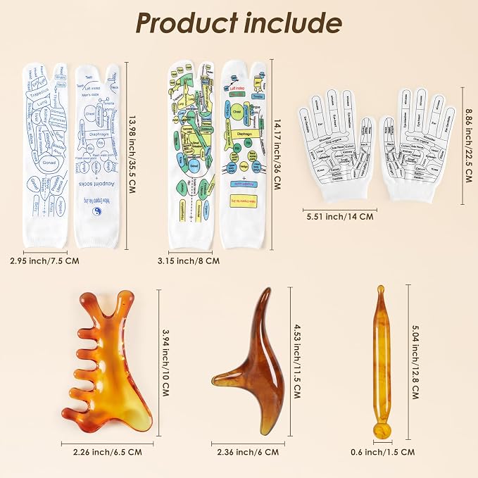 Reflexology Socks Set with Gloves Tools, 2 Pairs Massage Socks Chiro Acupressure Acupuncture Trigger Point 3pcs Tool Comb Gua Sha Foot Hands Head Pain Relief Acupoint Gifts for Women F