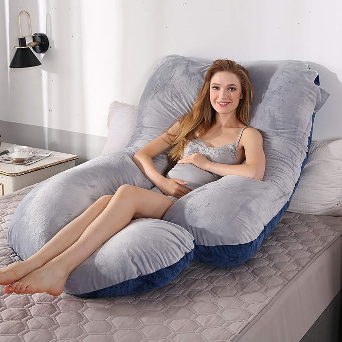 U-Shaped Full Body Pregnancy Pillow for Sleeping โ 57" Maternity Pillow with Removable Cover, Support for Back, Legs, Belly & Hips (Velvet-Blue and Grey)