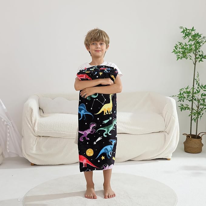 Softan Kids Throw Blanket for Girls & Boys, Warm Soft Toddler Flannel Blankets for Sofa Couch Bed, Cozy Fuzzy Plush Flannel Kids Throw Blanket for Daycare & School - Space Dinosaur 50x60 inches