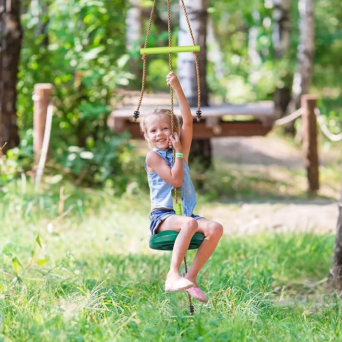 AGPTEK Disc Swing with Monkey Bars,Tree Swing Set Accessories Rope Disk Swing Seat with Carabiner and 22in Hanging Strap Heavy Duty Swingset for Zipline Outdoor Playground, Jungle & Gym(Green)