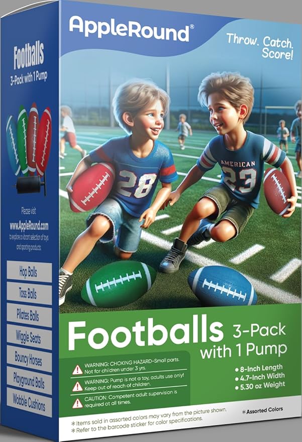 AppleRound 3-Pack 8-Inch Waterproof Footballs for Pool, Beach, & Backyard - Ideal for Water & Land Play - Ball Pump Included, Pee-Wee Junior Size for Kids & Teens