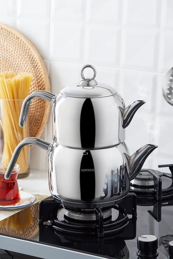 Karaca Urban Metal Turkish Teapot Set, Medium 30cm Double Teapot Set, Durable 18/10 Stainless Steel Body, 3.5 Qt (3.3 Liters) Total Capacity Stackable Tea Maker with Teapot Lid, Silver