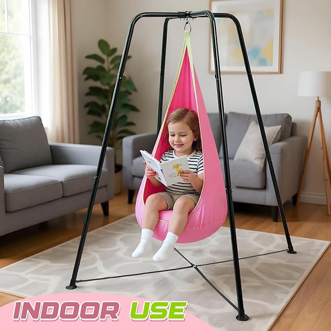 Sensory Swing Stand Frame with Pod Chair and Swings Set Kid Heavy Duty Metal Swing Stands Autism Hammock Chair Stand Tree Saucer Round for Kid Adult Indoor Outdoor Backyard Park(Pink)
