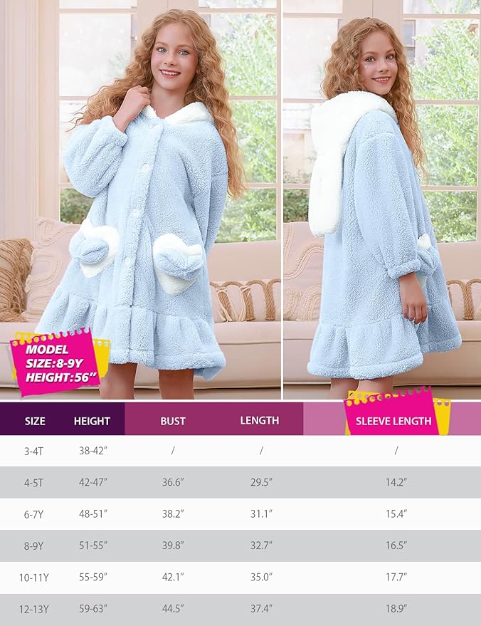 Girls Bathrobes Coral Fleece Button Down Hooded Robes Cute Rabbit Ears Bath Robe Fuzzy Warm Soft Sleepwear