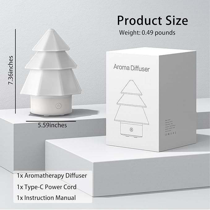Christmas Tree Essential Oil Diffuser,Home Aromatherapy Machine with 7-Color LED Lights,120ml Ultrasonic Mist Humidifier,Water Shortage Power-Off Protection,Ideal Christmas Decoration&Gifts (White)