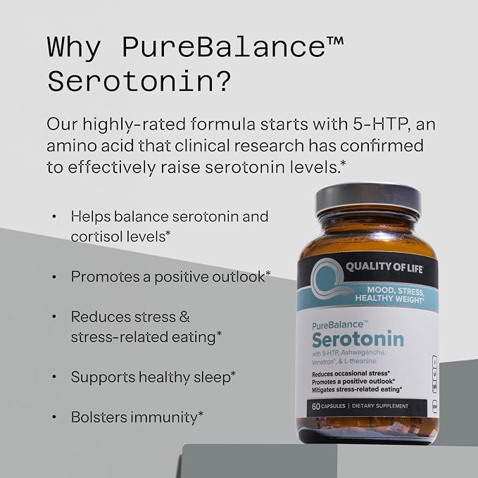 Quality of Life Pure Balance Serotonin Premium–Helps Boost Serotonin & Cortisol Levels - Includes 5-HTP, Venetron, Sensoril, Vitamin D3 & L-Theanine–60 Capsules