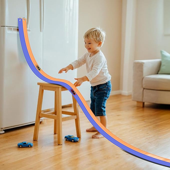 Flex Tracks 15 Ft for Kids Starter Set, Flexible Race Car Ramp Track with Suction Cups Compatible with Hot Wheels and Diecast 1/64th Cars for Ages 3 & Up(Blue & Orange)