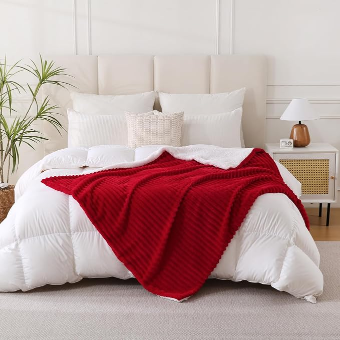Red Sherpa Fleece Throw Blanket 50”×60” for Couch Sofa Bed | Double Side Soft Fuzzy Cozy Plush Thick Flannel Blanket with Striped Design Gift for Adults,Woman