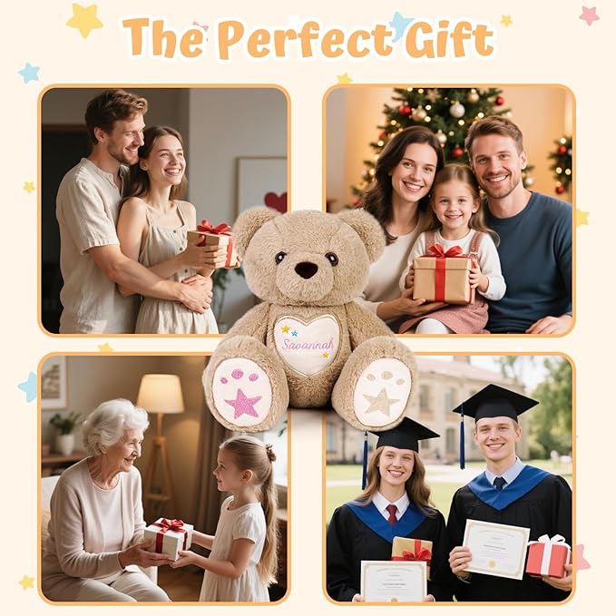 Custom Teddy Bear with Name Embroidery – Personalized Bear Plush Stuffed Animal for Toddlers Kids 1-10, Personalized Birthday for Baby Boys Girls(Brown)