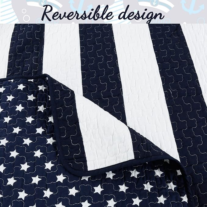 Cozy Line Home Fashions Sailor Popeye 's Bedding Quilt Set, Nautical Navy Blue White Star Striped 100% Cotton Reversible Coverlet Bedspread for Kids Boy (Sailor Star, Queen - 3 Piece)