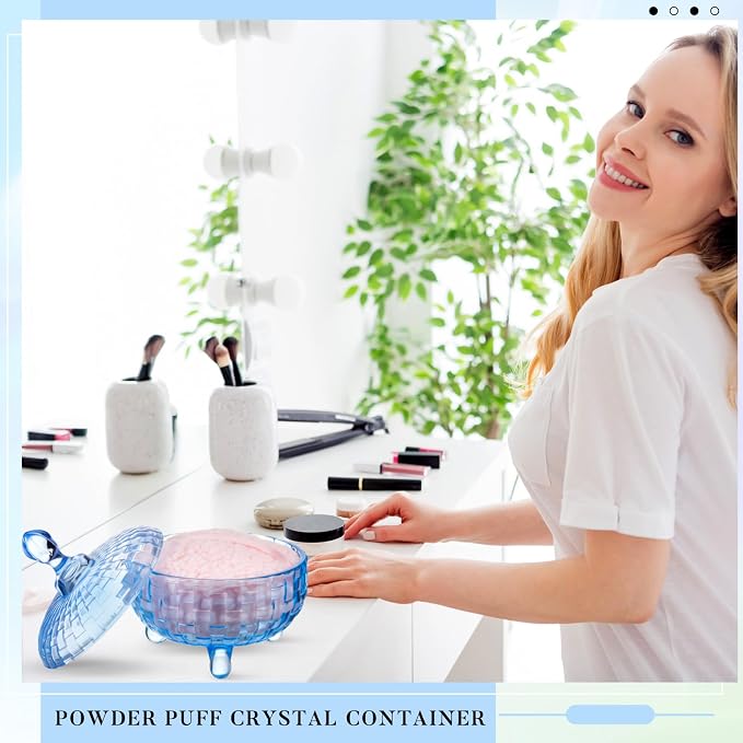 Tioncy 2 Pcs Extra Large Dusting Powder Puff and Container for Women-6'' Glass Crystal Dusting Powder Container with Body Soft Washable Reusable Velour Face(Blue,Weave Design)