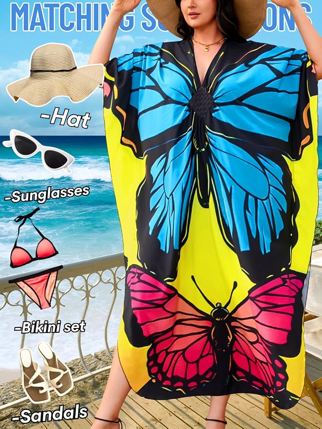 ChiaoLezhee Print Moo-Moos for Women, Kaftan Cover-Up Dresses, Sexy V-Neck High-Slit, Beach Pool-Party Coverups Muumuu Plus