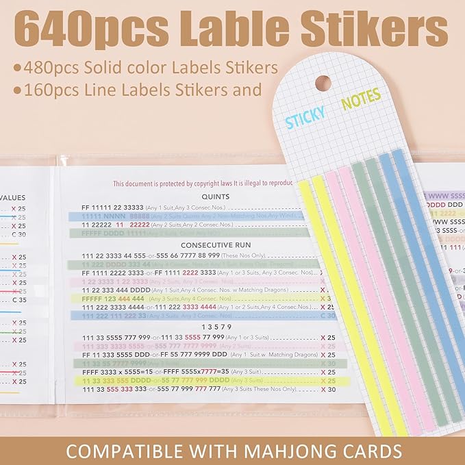640 pcs Mahjong Card Line Finder Highlighter Tape, Mahjong Line Highlighter Stripe, Transparent Sticky Card Markers Tabs, Mahjong Game Rule Reader, Reusable & No Adhesive Residue (Solid color + Lines)
