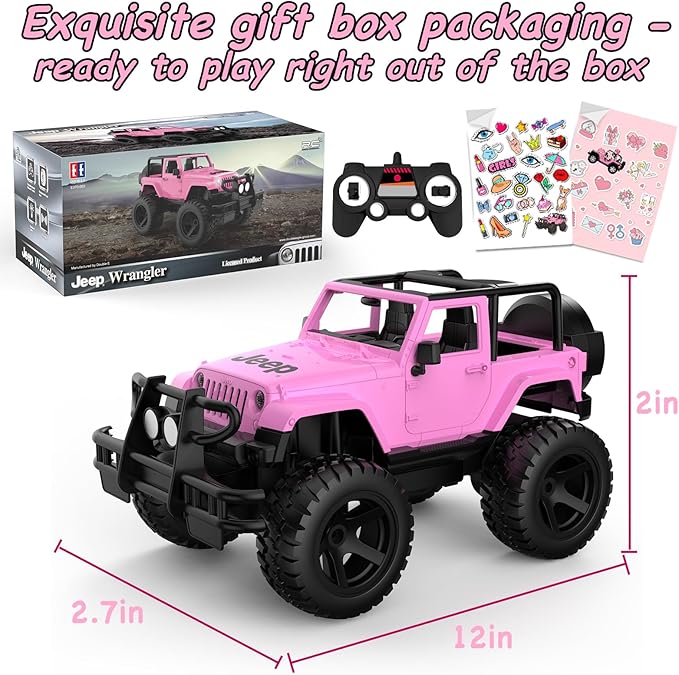 DOUBLE E Jeep Licensed 1:14 Scale Pink Remote Control Car for Girls with 2*DIY Stickers, Open-top Design RC Jeep, 80Min Play 2.4Ghz Off Road RC Trucks with LED Lights, Birthday/Xmas Gifts for Girls 6+