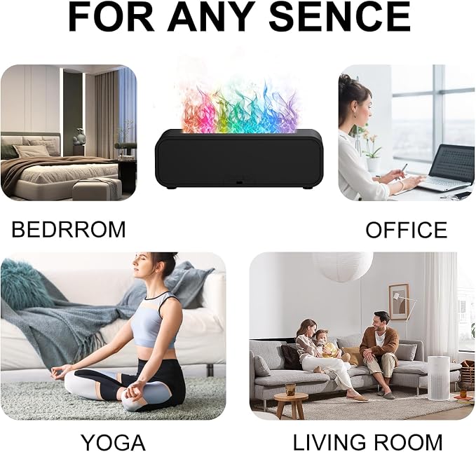 Flame Essential Oil Diffuser, 250ml Aromatherapy Humidifier with 7-Color Sound-Reactive LED, Realistic Fire Effect, Ultra-Quiet Cool Mist Maker, Remote, Timer, Auto-Off for Home, Office