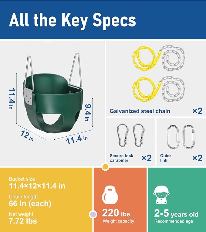 little dove High Back Full Bucket,Toddler Swing with Coated Chains & Triangle Dip Pinch Protection for Safety,Baby Swing Outdoor with Locking Buckles,Toddler Bucket Swing for Backyard,Playground,Green