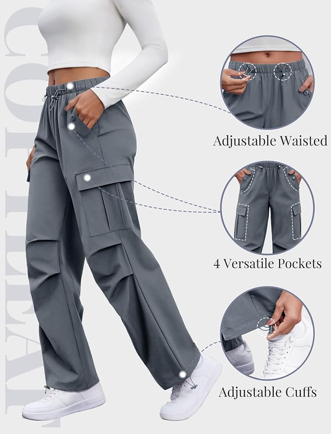 COPYLEAF Cargo Pants Women Elastic Waisted Parachute Hiking Pants with Pockets Water-Resistant Lightweight Baggy Pants