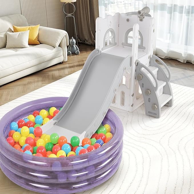 BABY JOY Toddler Slide, 6-in-1 Indoor Kids Slide Playset with Basketball Hoop, Telescope, Climbing Ladder & Storage Space, Freestanding Playhouse & Climber for Kids Aged 1-3 (Gray)