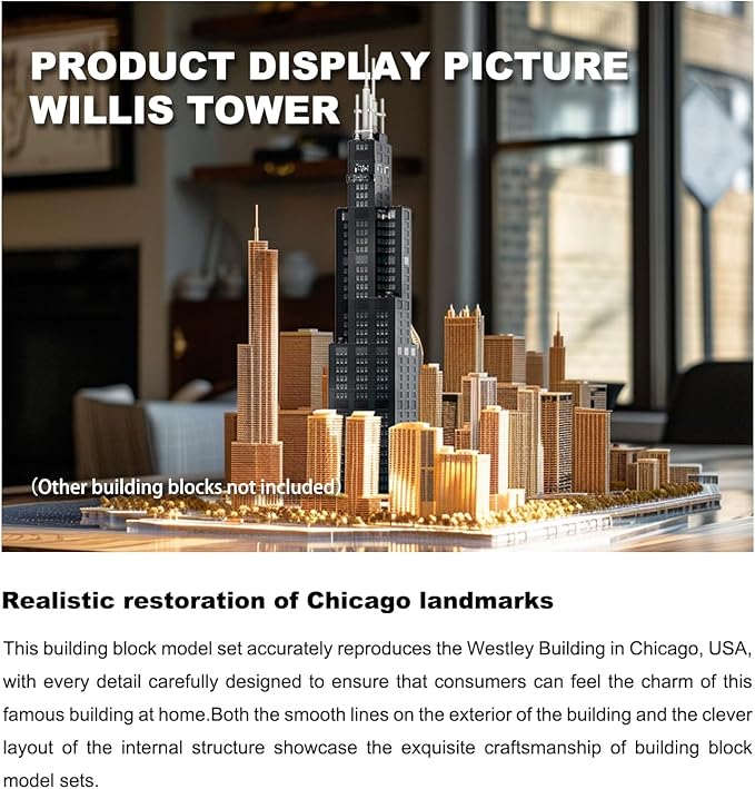 Willis Tower Chicago Architecture Model Building Block Sets,World Famous Landmark Series Toys Gitf for Kids Adults 1241 Pieces