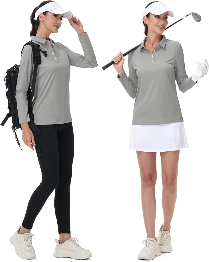 MAGCOMSEN Long Sleeve Polo Shirts for Women Golf Tops with Collar Work | UPF 50+ Sun Protection, 4 Buttons, Moisture Wicking, Breathable, 4-Way Stretch, Collared, Quick Dry, Active, Casual, Tennis