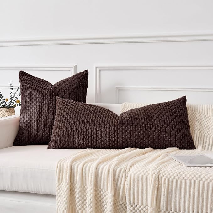 Kevin Textile Soft Corduroy 20"x54" Body Pillow Cover 1 Pack, Coffee | Boho Stripe Plush Corduroy Decorative Oblong Cushion Cover Modern Farmhouse Home Decor for Sofa Couch Bed Chair
