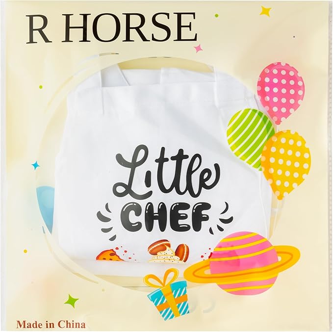 R HORSE Kid Apron and Chef Hat Set - 2Pcs White Little Chef Adjustable Children Kitchen Toddler Apron for Boys Girls, Funny Dress up Pretend Play Toy Birthday Gift for Kids Cooking Baking Painting